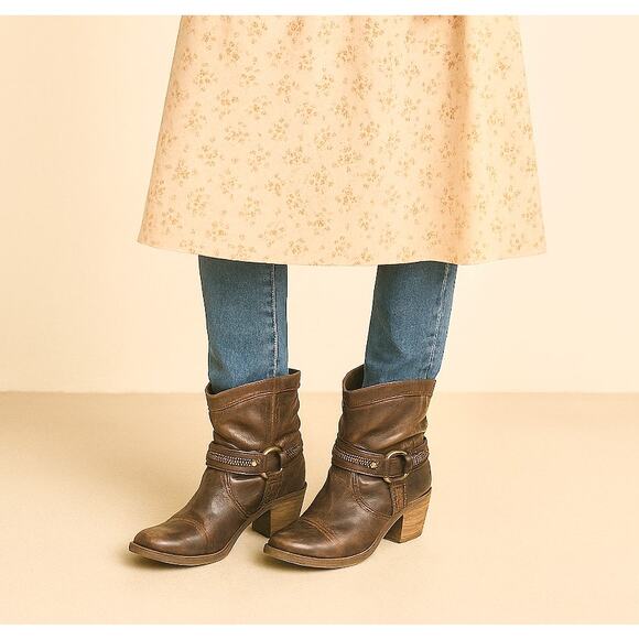 Vintage Leather Western Rodeo Slouchy Ankle Boots Harness Boho Cowgirl 7M - Picture 1 of 11
